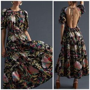 Anthropologie Tropical Puff Sleeve Colorful Open Back Dress, S